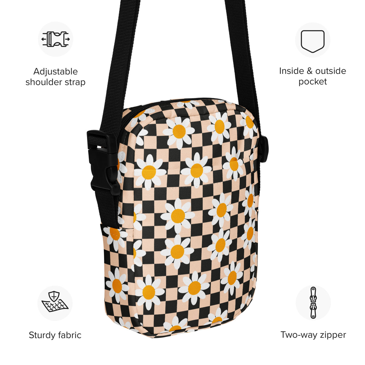 Daisy Checkered Crossbody Bag – Water Resistant Mini Purse With Adjustable Strap & Pockets