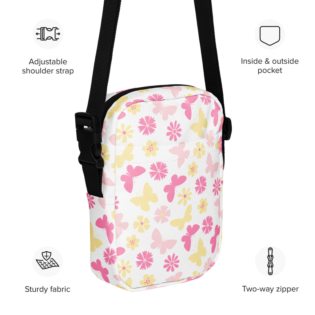 Pink Butterfly & Flower Crossbody Bag – Water Resistant Mini Purse With Adjustable Strap & Pockets