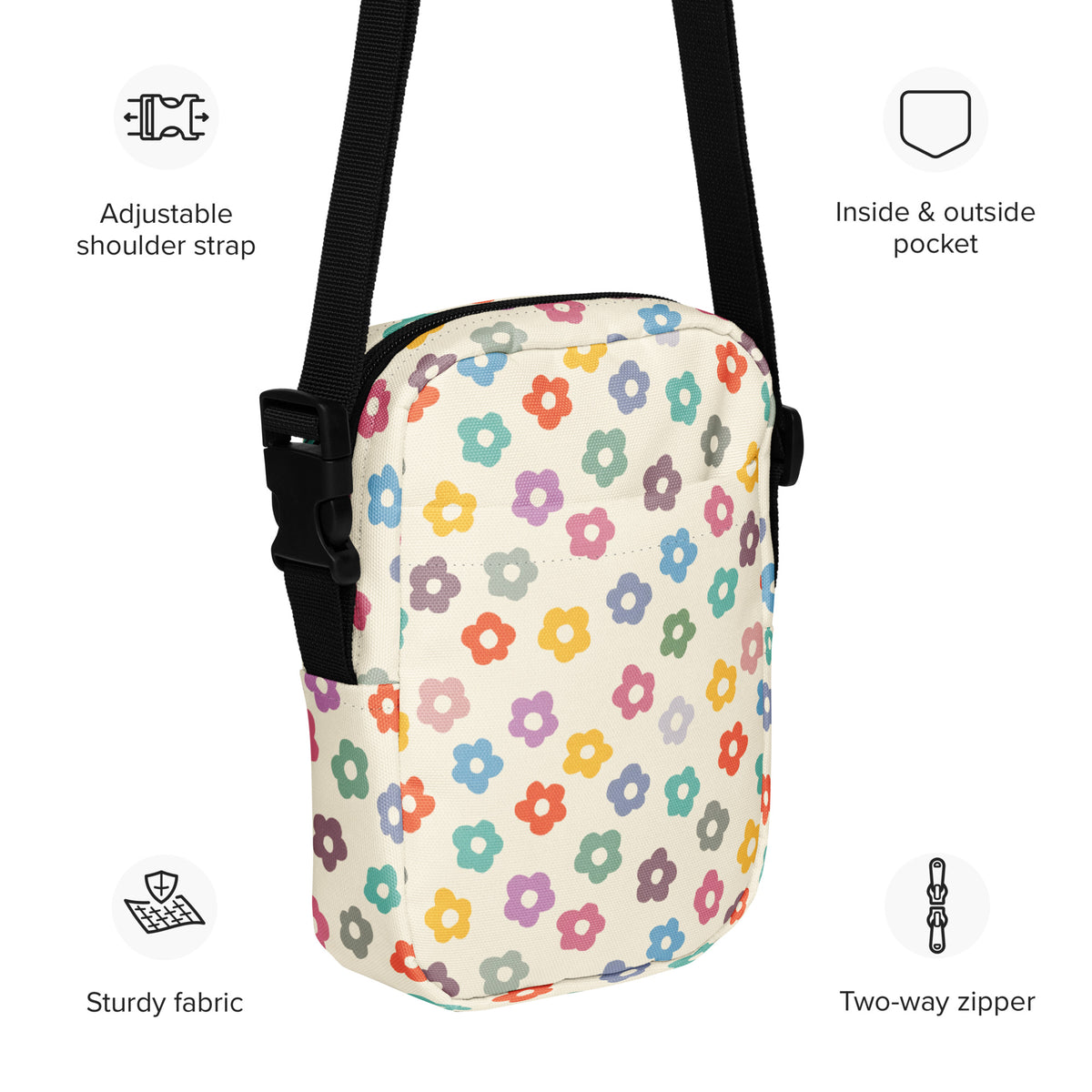 Colorful Retro Flower Crossbody Bag – Water Resistant Mini Purse With Adjustable Strap & Pockets