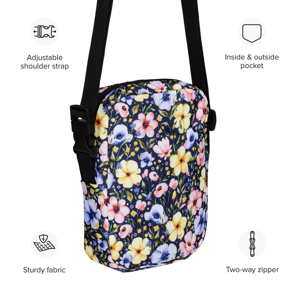 Colorful Watercolor Wildflower Crossbody Bag – Water Resistant Mini Purse With Adjustable Strap & Pockets