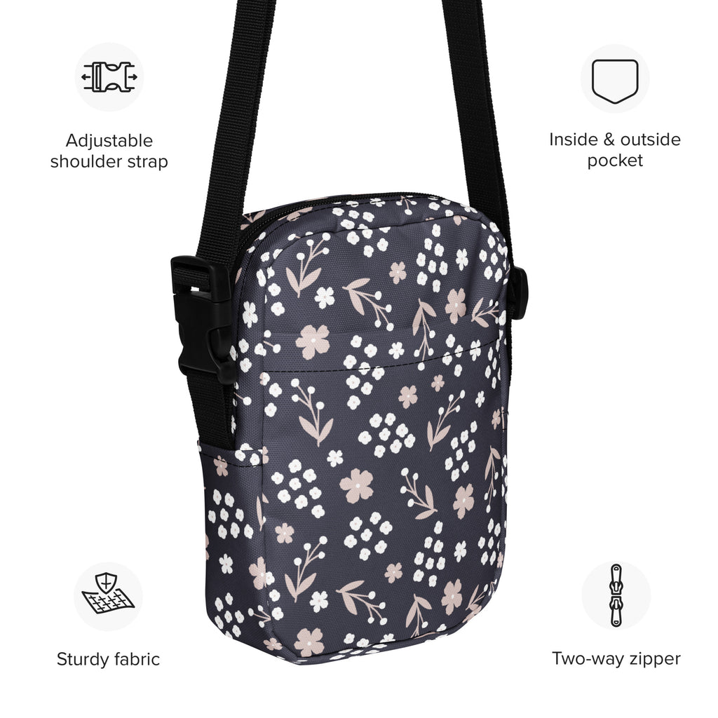 Charcoal Floral Crossbody Bag – Water Resistant Mini Purse With Adjustable Strap & Pockets