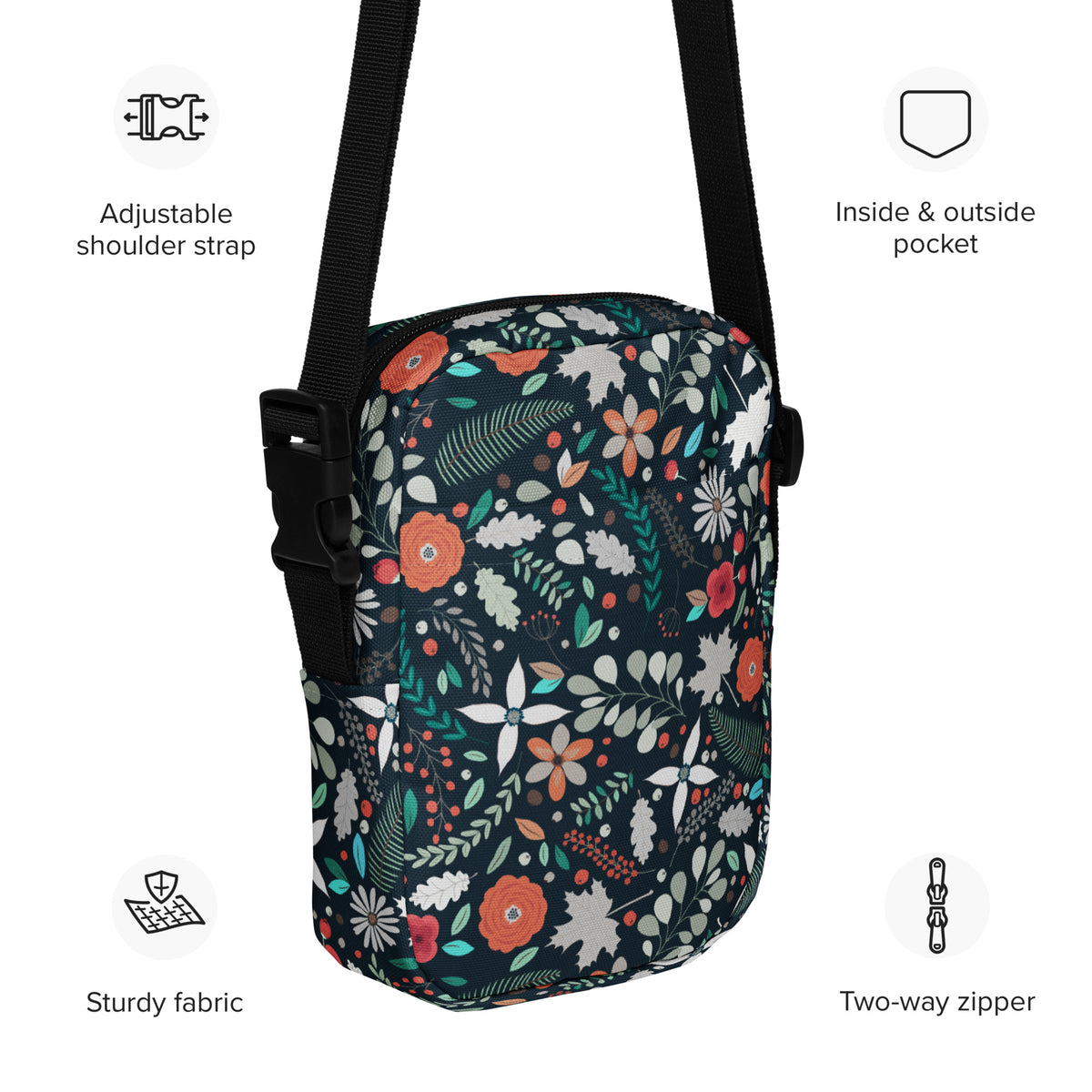 Dark Green Floral Crossbody Bag – Water Resistant Mini Purse With Adjustable Strap & Pockets