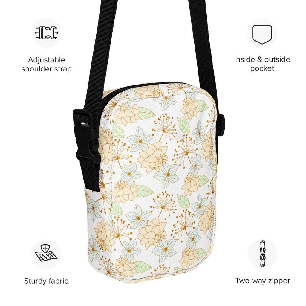Gold Floral Crossbody Bag – Water Resistant Mini Purse With Adjustable Strap & Pockets
