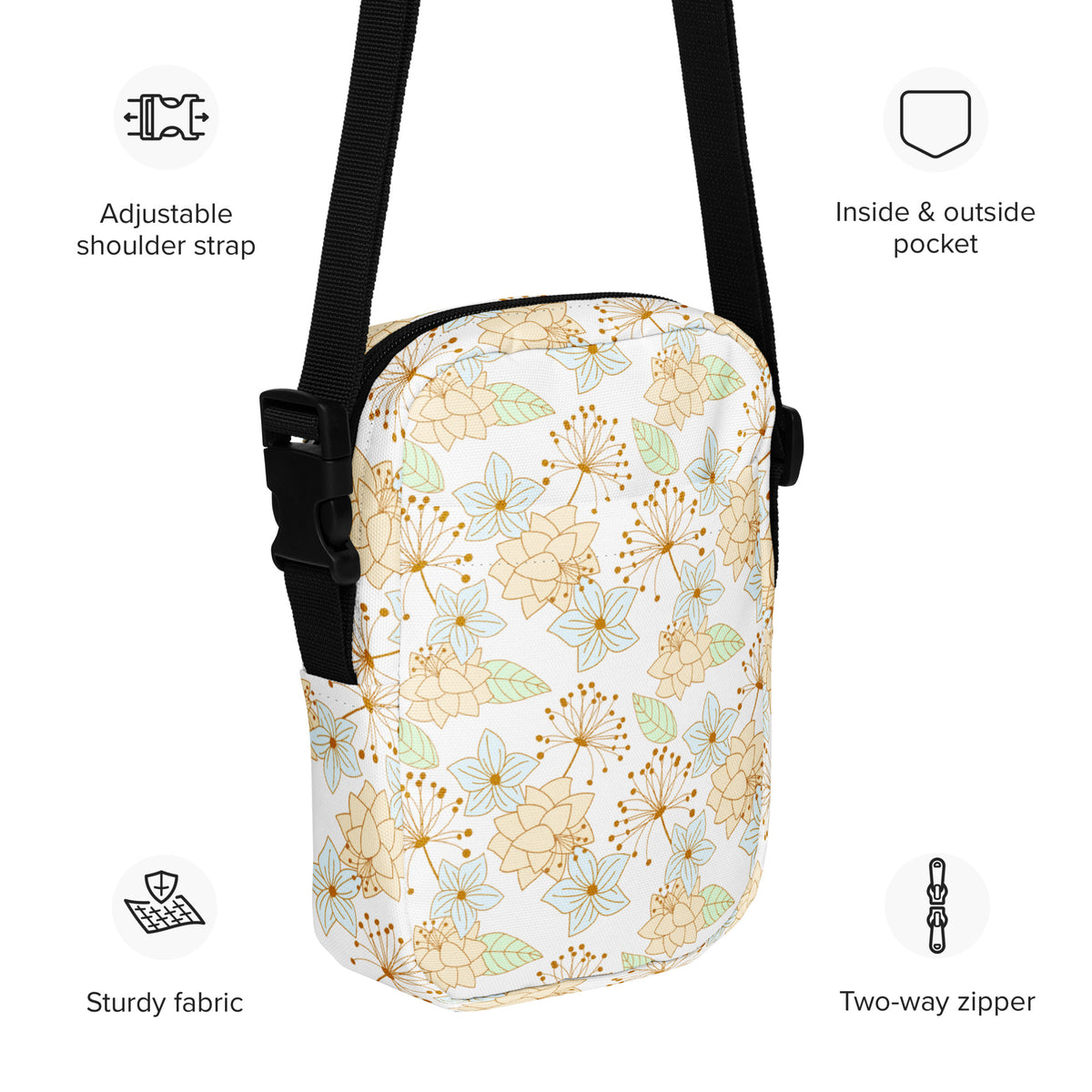 Gold Floral Crossbody Bag – Water Resistant Mini Purse With Adjustable Strap & Pockets