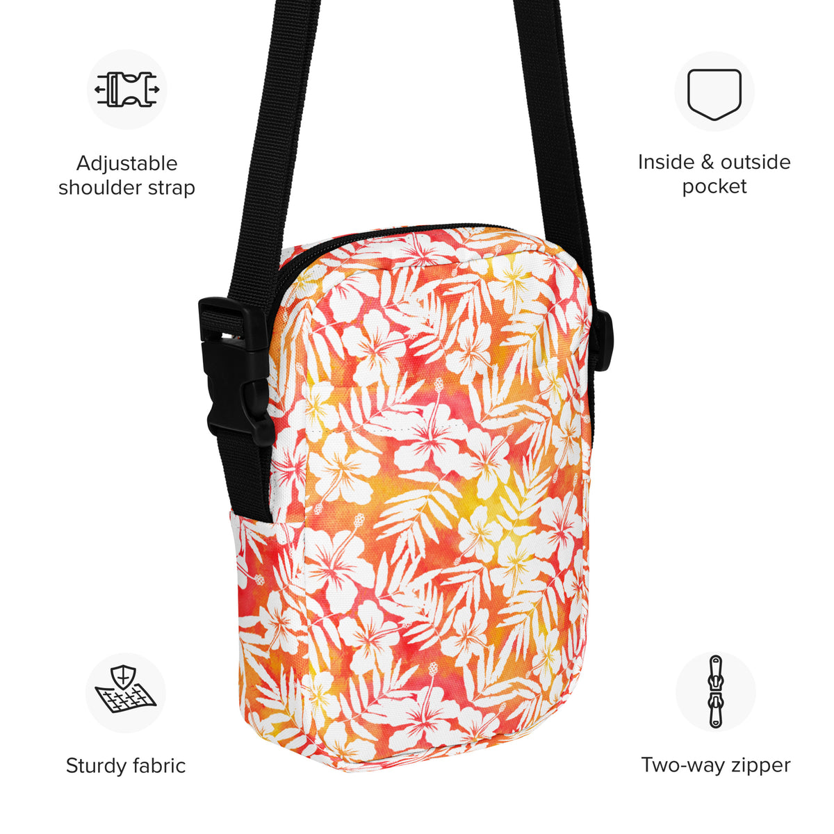 Orange Tropical Floral Hibiscus Crossbody Bag – Water Resistant Mini Purse With Adjustable Strap & Pockets