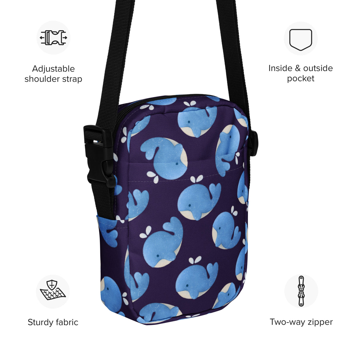 Girls Blue Whale Crossbody Bag – Water Resistant Mini Purse With Adjustable Strap & Pockets