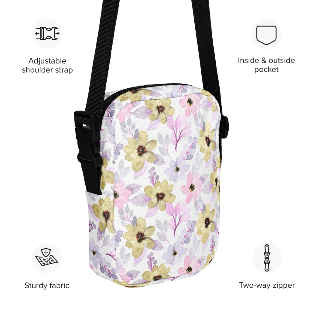 Pastel Watercolor Floral Crossbody Bag – Water Resistant Mini Purse With Adjustable Strap & Pockets