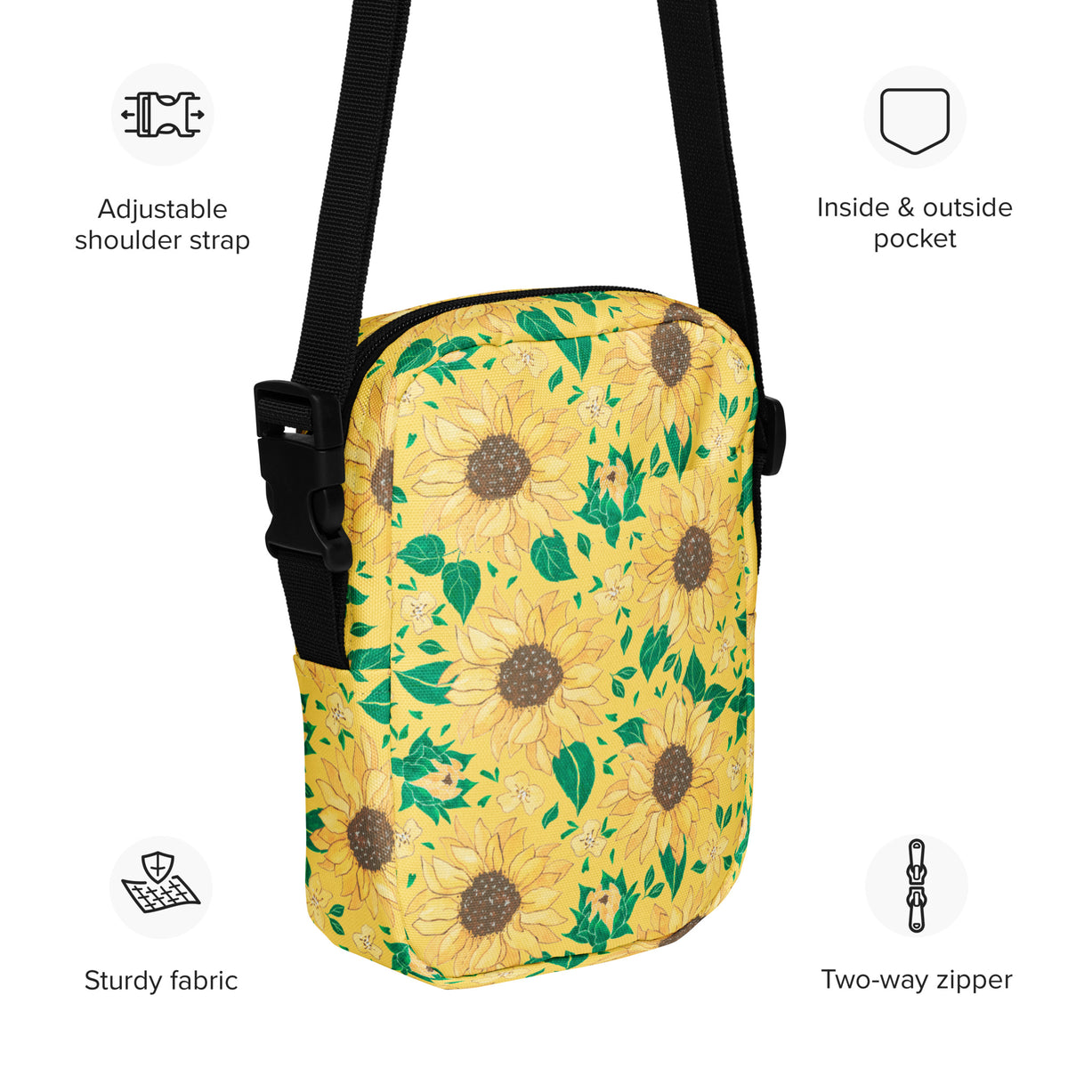 Girls Watercolor Sunflower Crossbody Bag – Water Resistant Mini Purse With Adjustable Strap & Pockets