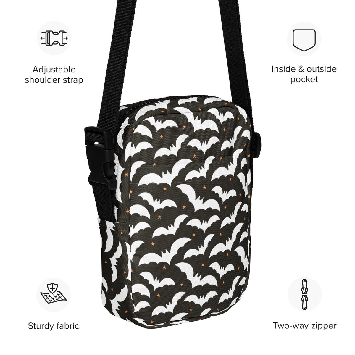 Girls Black Bat Halloween Crossbody Bag – Water Resistant Mini Purse With Adjustable Strap & Pockets