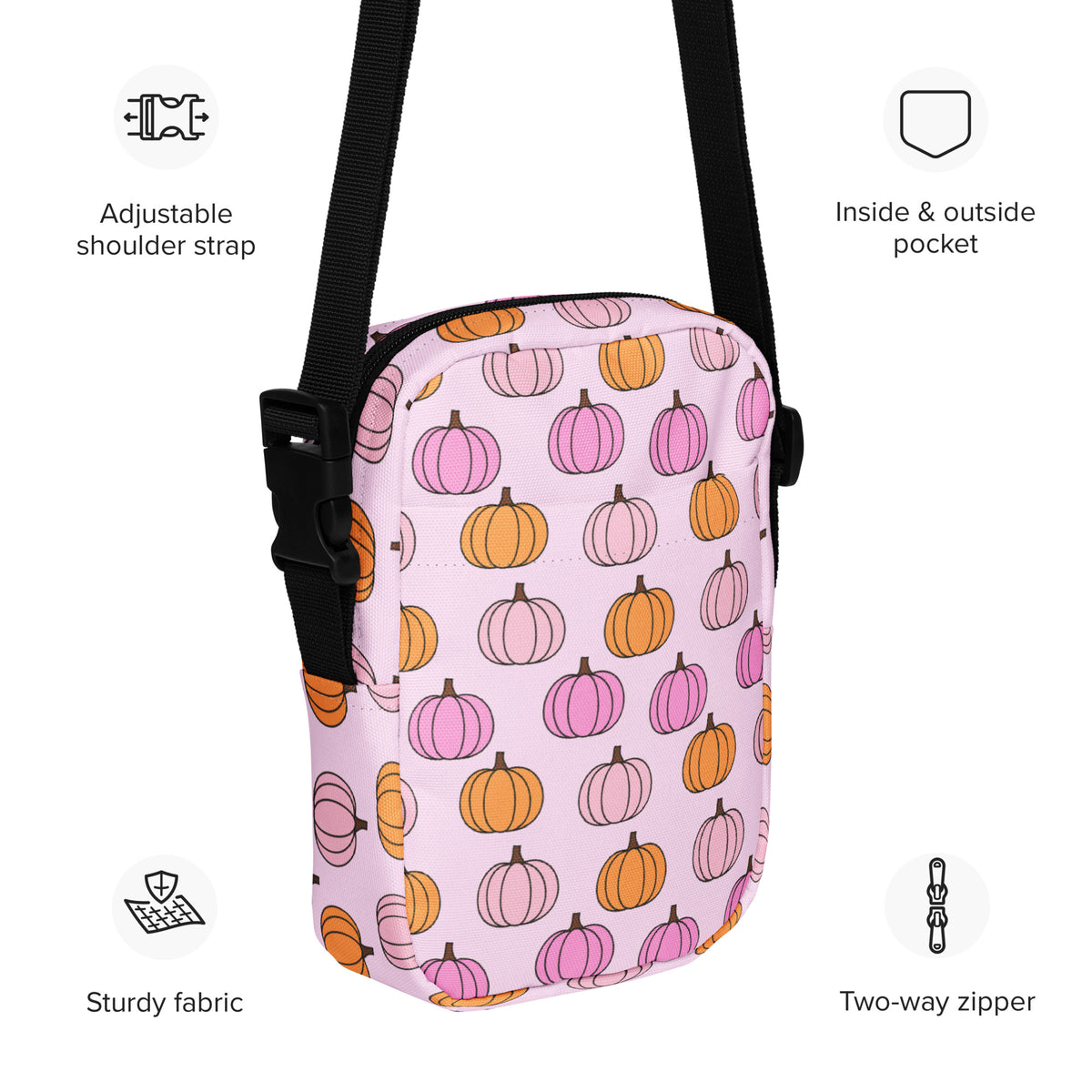 Girls Pink Pumpkin Patch Crossbody Bag – Water Resistant Mini Purse With Adjustable Strap & Pockets