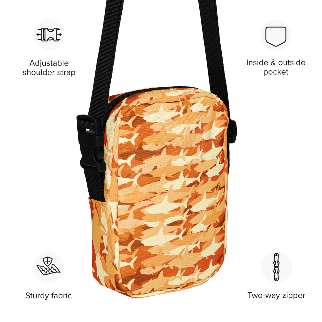 Girls Orange Shark Camouflage Crossbody Bag – Water Resistant Mini Purse With Adjustable Strap & Pockets