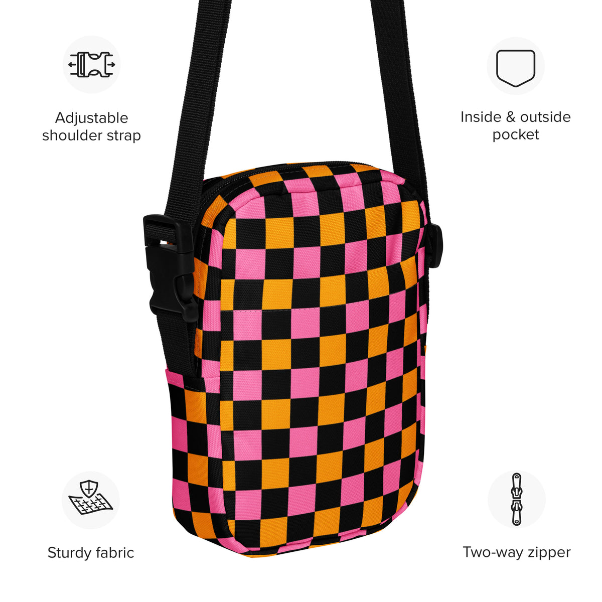 Pink & Orange Checkered Halloween Crossbody Bag – Water Resistant Mini Purse With Adjustable Strap & Pockets