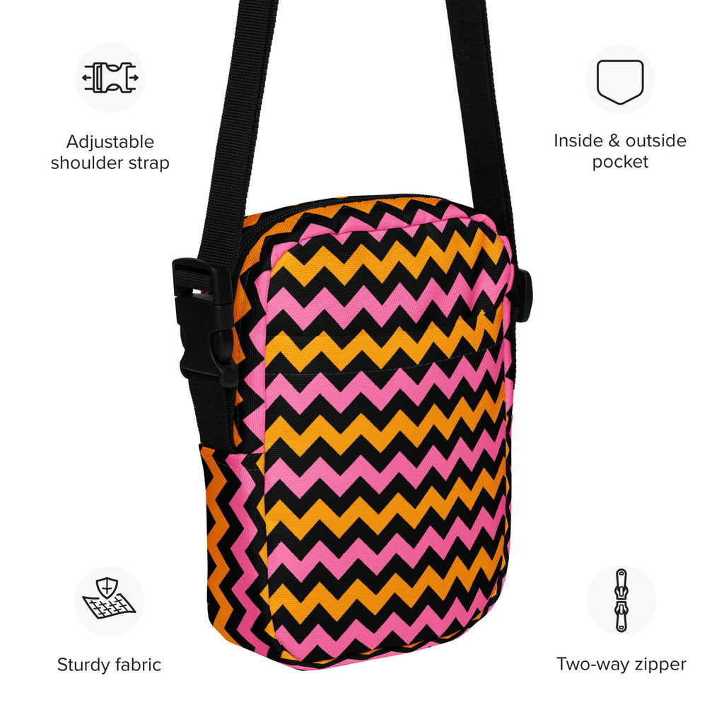 Pink & Orange Chevron Halloween Crossbody Bag – Water Resistant Mini Purse With Adjustable Strap & Pockets
