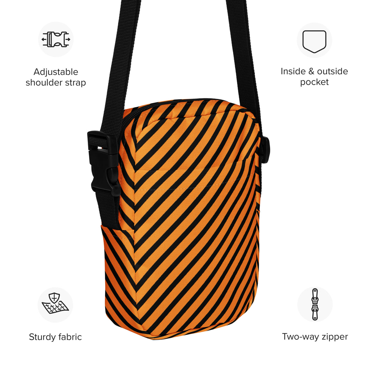 Girls Orange & Black Striped Halloween Crossbody Bag – Water Resistant Mini Purse With Adjustable Strap & Pockets