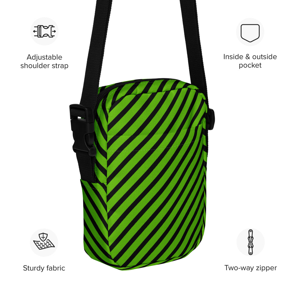 Green & Black Striped Halloween Crossbody Bag – Water Resistant Mini Purse With Adjustable Strap & Pockets