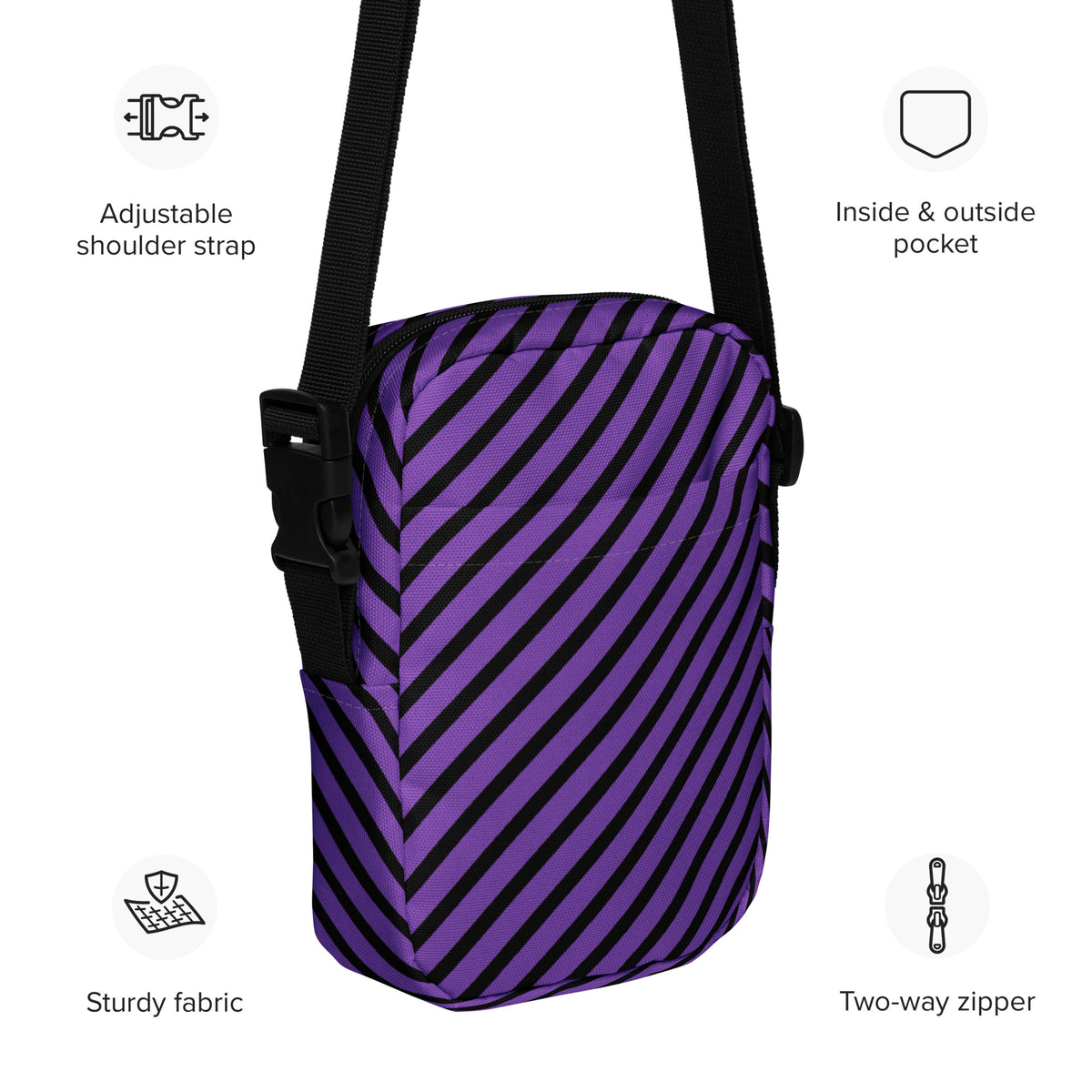 Purple & Black Striped Halloween Crossbody Bag – Water Resistant Mini Purse With Adjustable Strap & Pockets