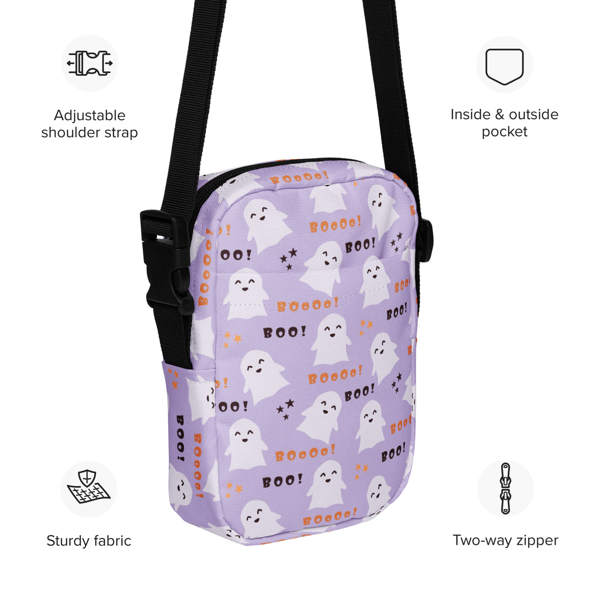Girls Purple Ghost Halloween Crossbody Bag – Water Resistant Mini Purse With Adjustable Strap & Pockets