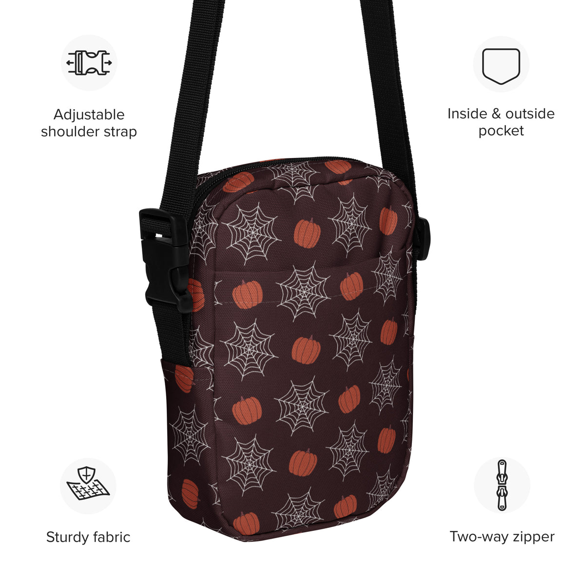 Pumpkin Spiderweb Halloween Crossbody Bag – Water Resistant Mini Purse With Adjustable Strap & Pockets