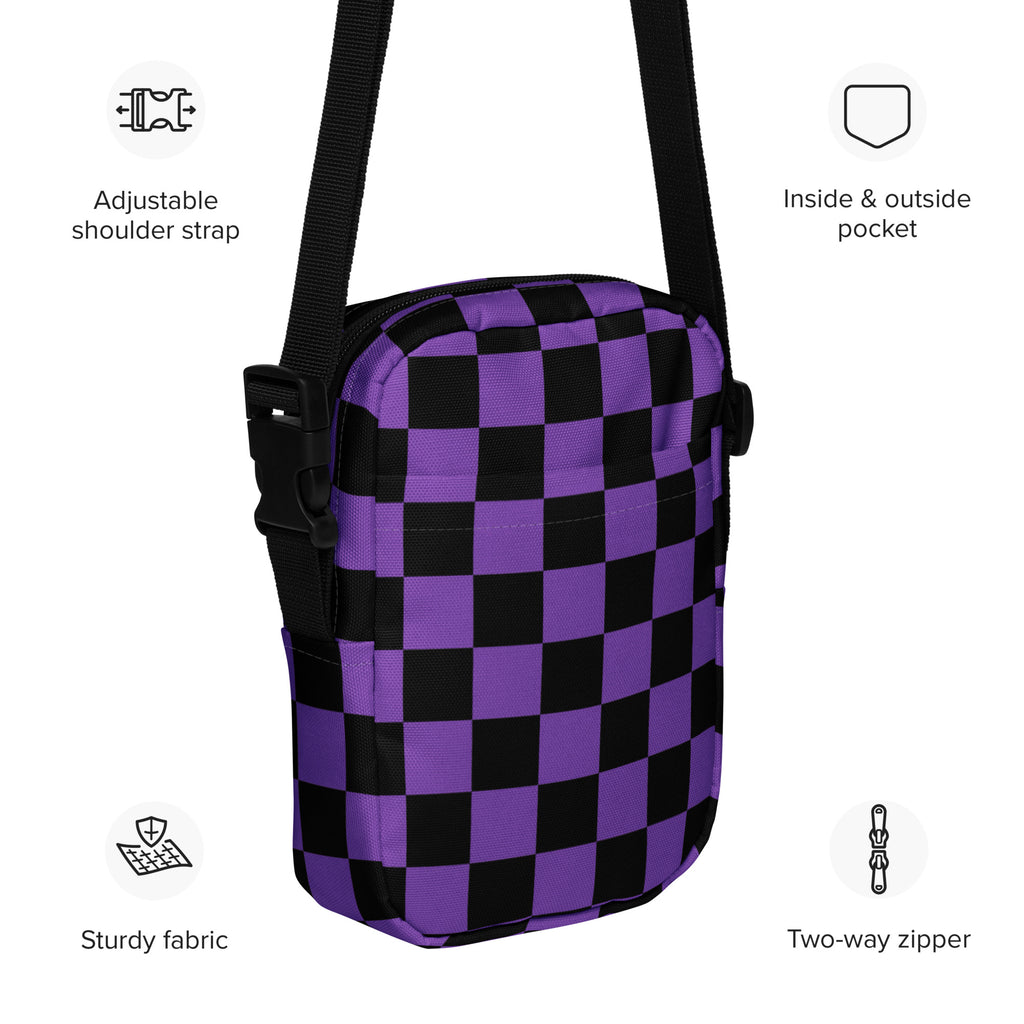 Purple Checkered Halloween Crossbody Bag – Water Resistant Mini Purse With Adjustable Strap & Pockets
