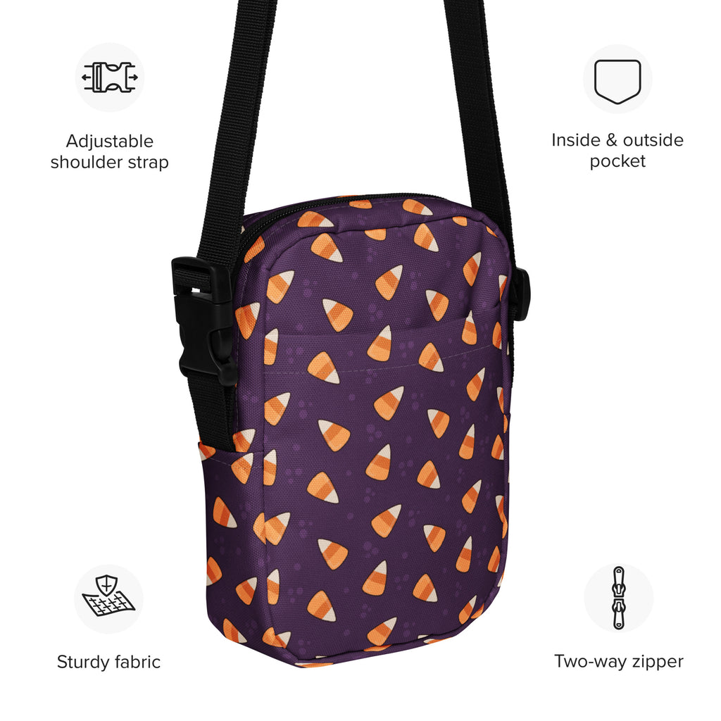 Purple Candy Corn Halloween Crossbody Bag – Water Resistant Mini Purse With Adjustable Strap & Pockets