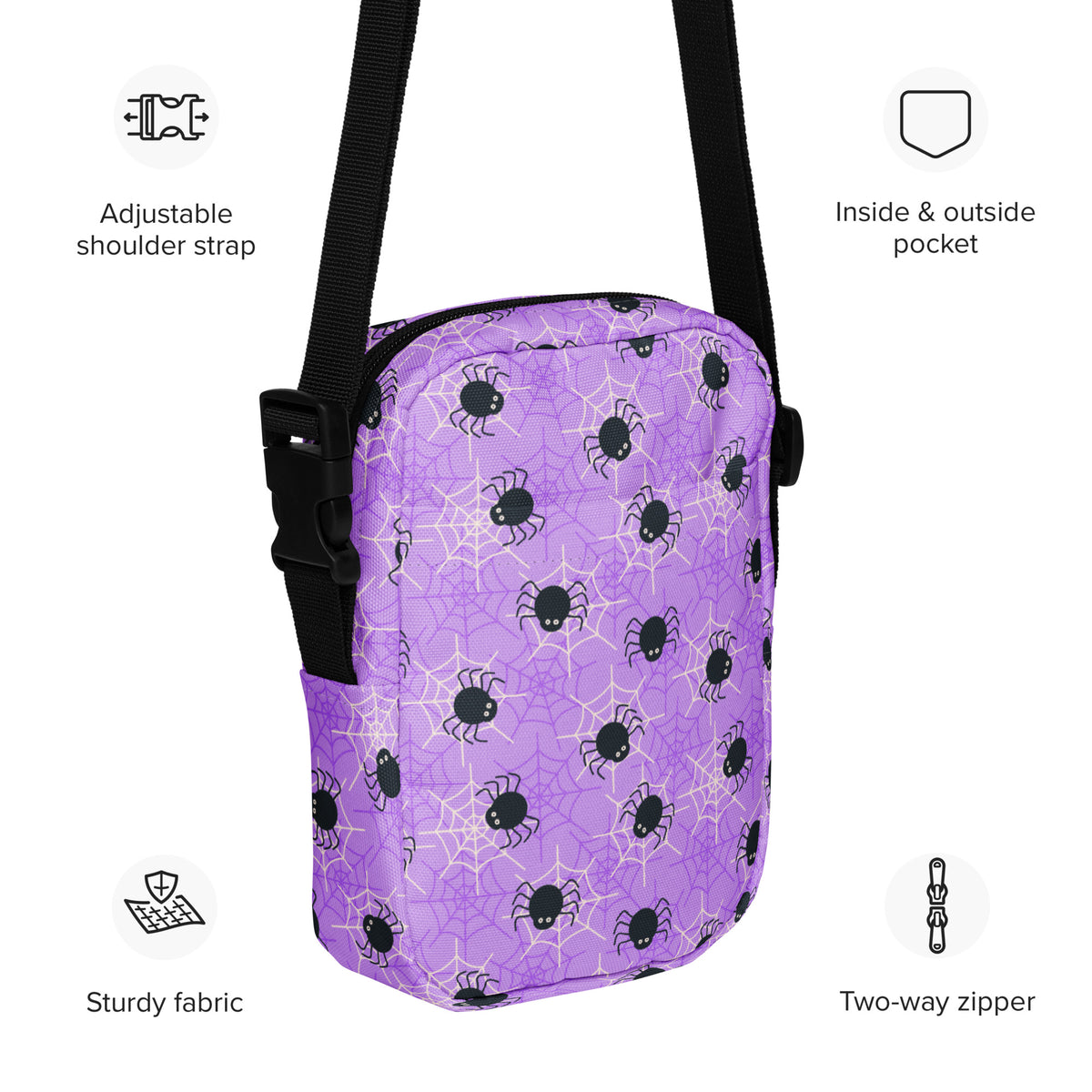 Purple Spider Web Halloween Crossbody Bag – Water Resistant Mini Purse With Adjustable Strap & Pockets