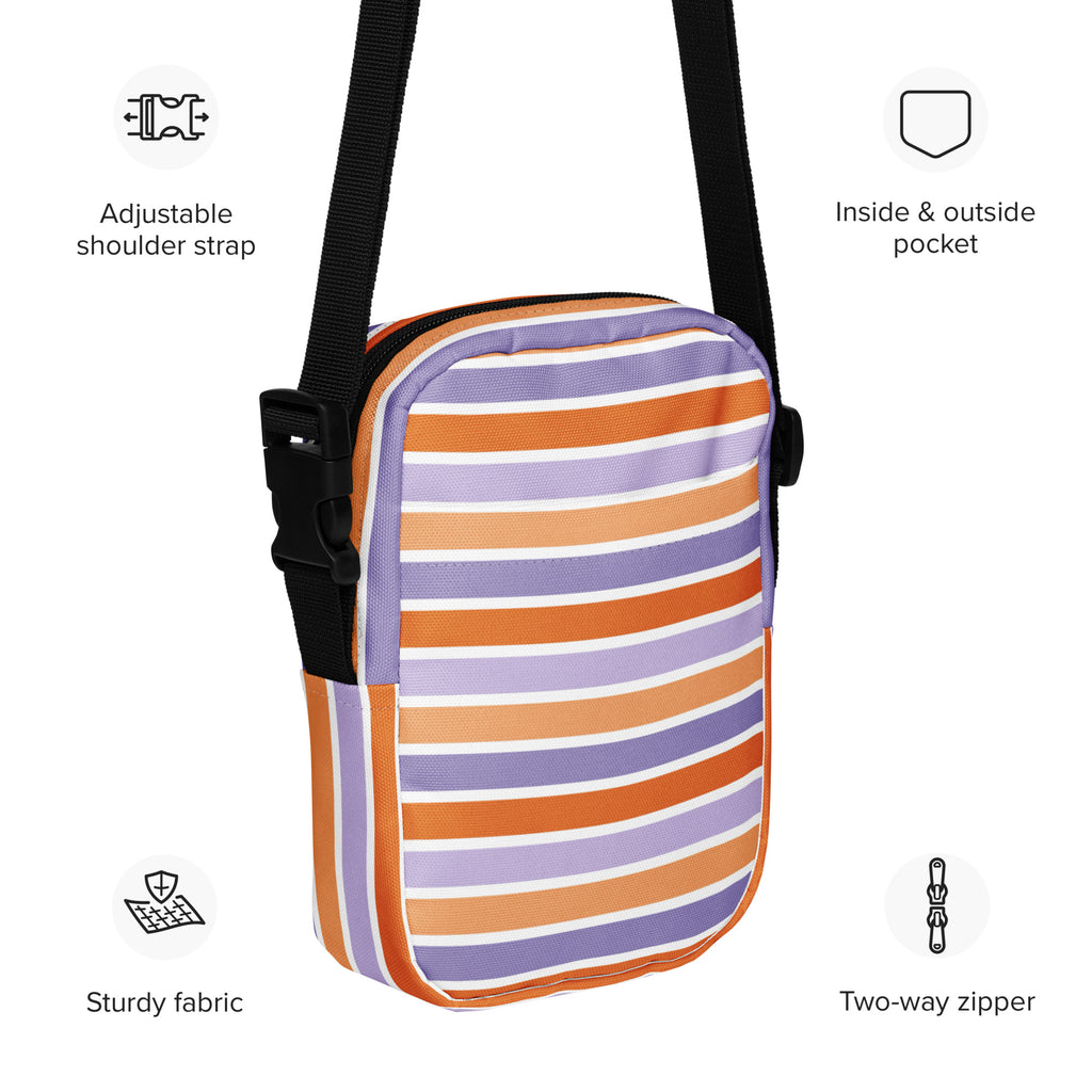 Purple Orange Striped Halloween Crossbody Bag – Water Resistant Mini Purse With Adjustable Strap & Pockets