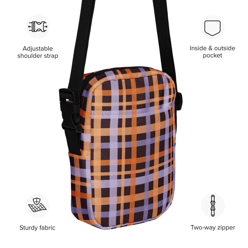 Orange & Purple Plaid Halloween Crossbody Bag – Water Resistant Mini Purse With Adjustable Strap & Pockets