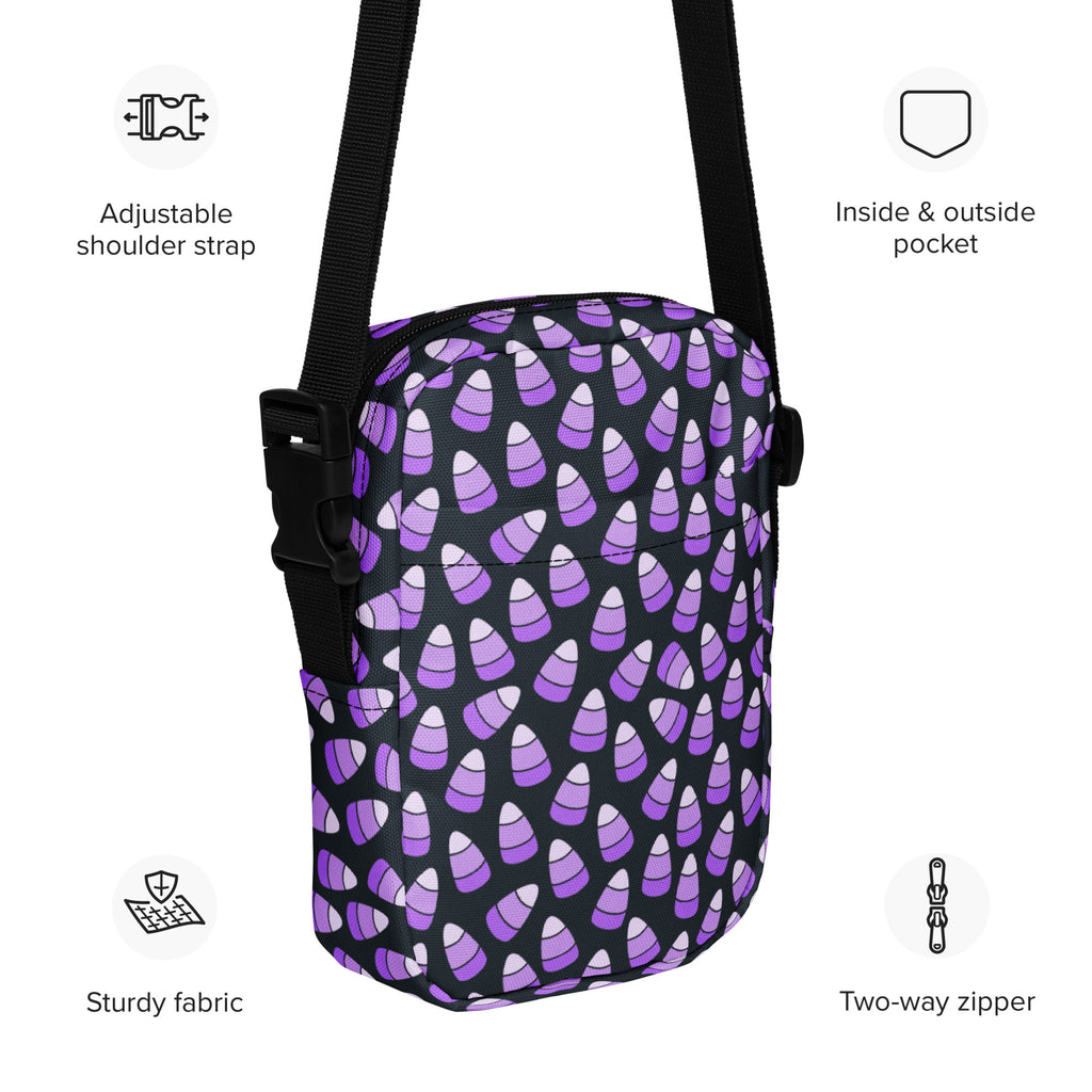 Purple Candy Corn Halloween Crossbody Bag – Water Resistant Mini Purse With Adjustable Strap & Pockets