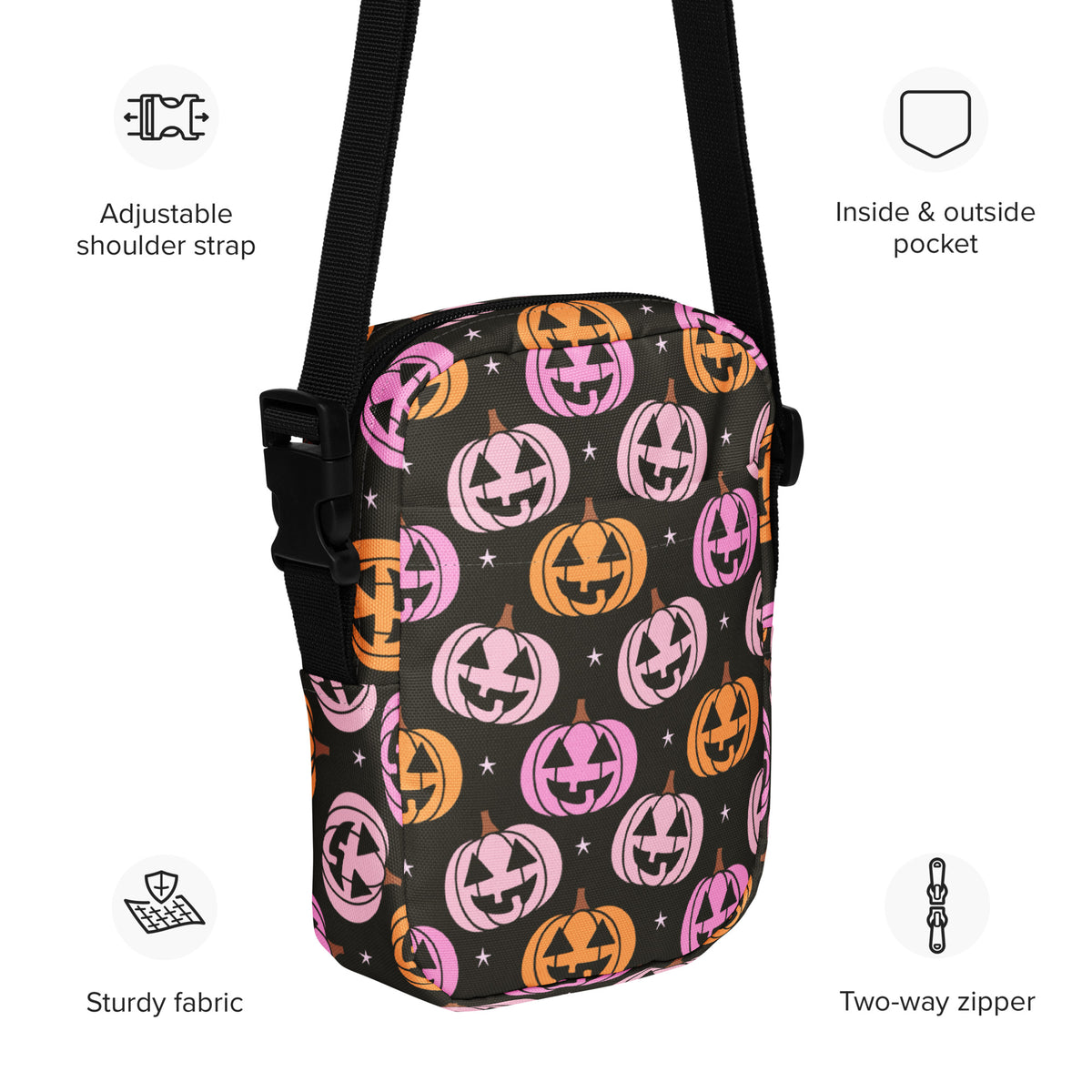 Pink & Orange Pumpkin Halloween Crossbody Bag – Water Resistant Mini Purse With Adjustable Strap & Pockets