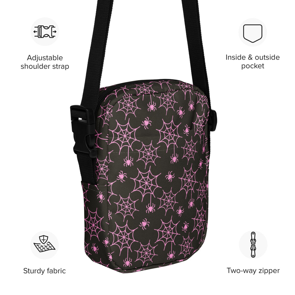 Pink Spider Web Halloween Crossbody Bag – Water Resistant Mini Purse With Adjustable Strap & Pockets