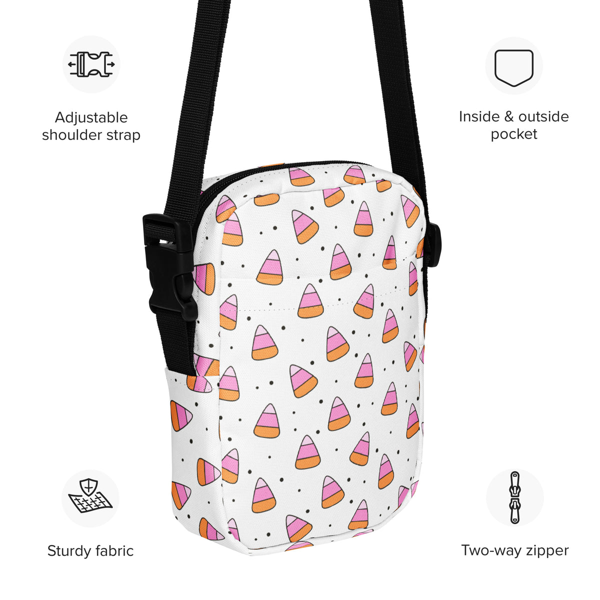 Pink Orange Candy Corn Halloween Crossbody Bag – Water Resistant Mini Purse With Adjustable Strap & Pockets