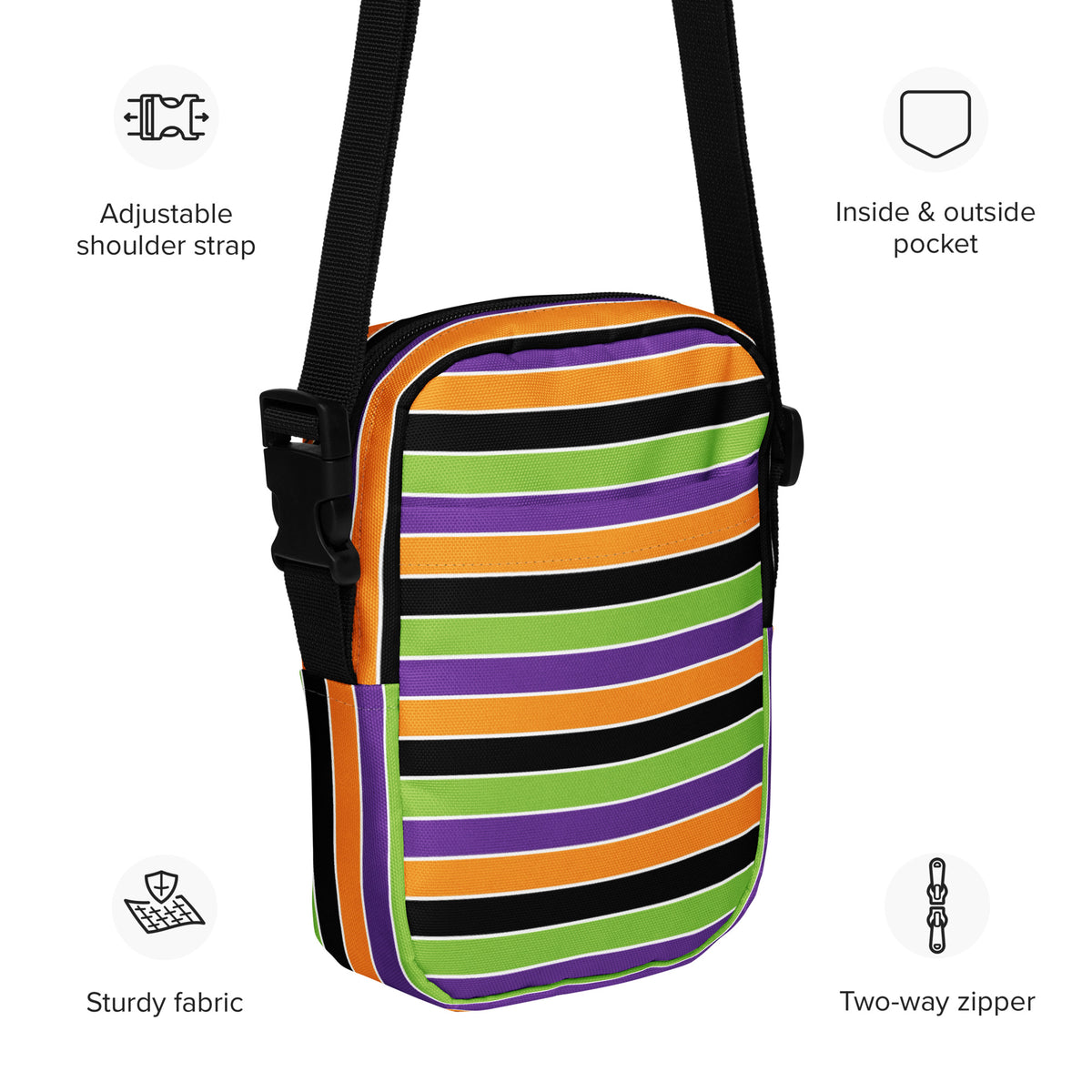 Halloween Striped Crossbody Bag – Water Resistant Mini Purse With Adjustable Strap & Pockets