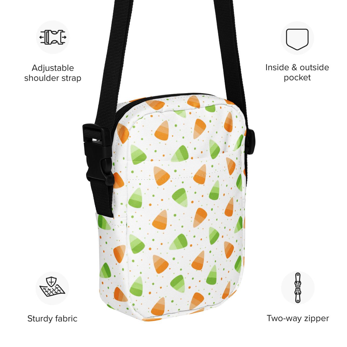 Orange & Green Candy Corn Halloween Crossbody Bag – Water Resistant Mini Purse With Adjustable Strap & Pockets