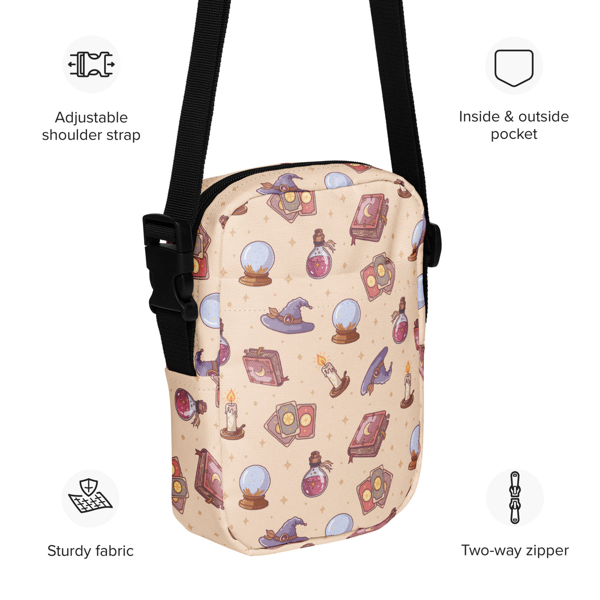 Witchy Magic Halloween Crossbody Bag – Water Resistant Mini Purse With Adjustable Strap & Pockets