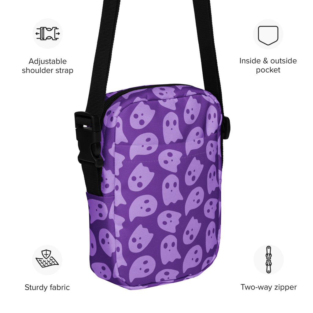 Purple Ghosts Halloween Crossbody Bag – Water Resistant Mini Purse With Adjustable Strap & Pockets