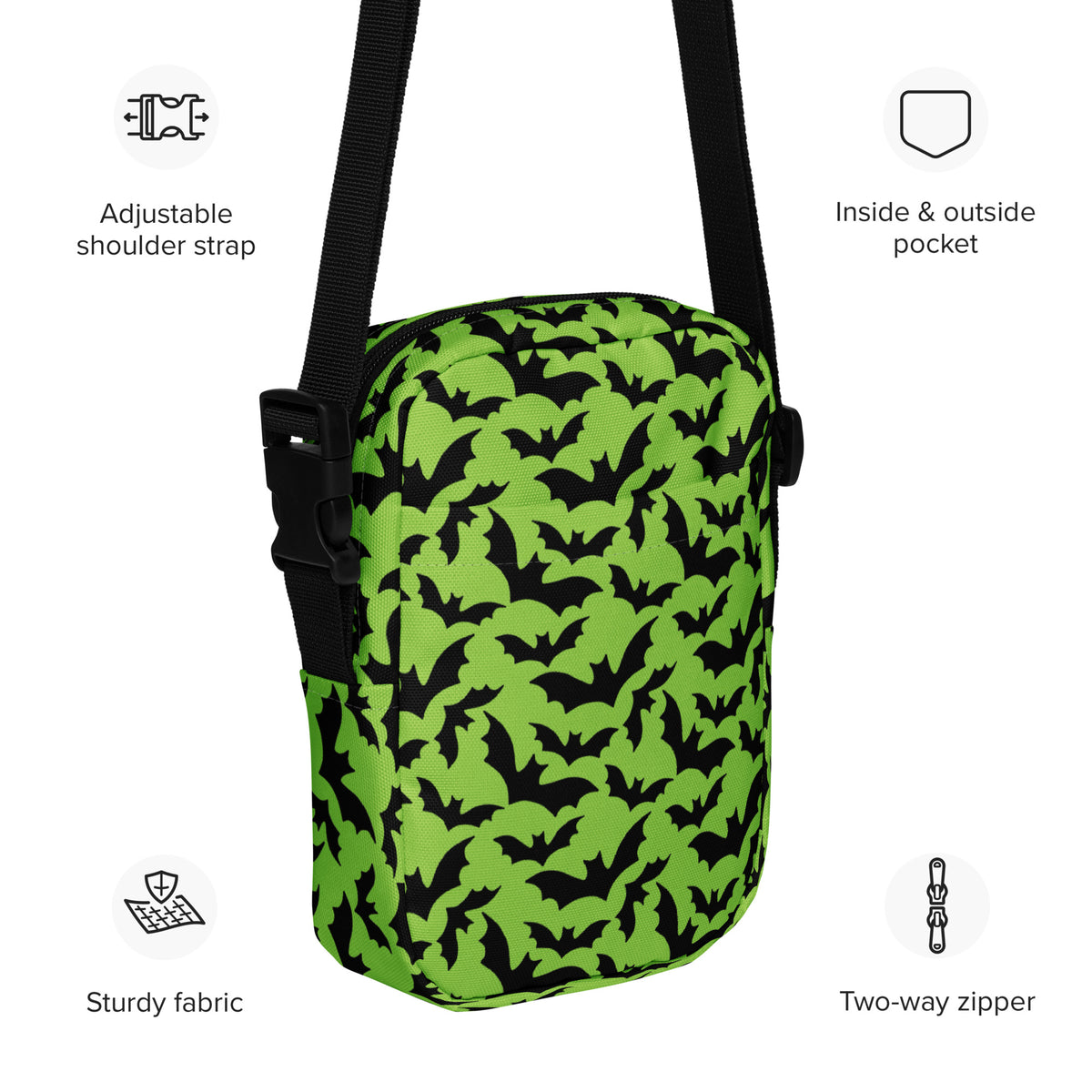 Green Bats Halloween Crossbody Bag – Water Resistant Mini Purse With Adjustable Strap & Pockets