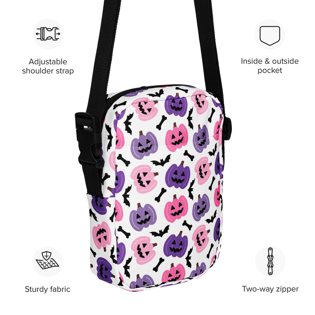 Girls Pink & Purple Pumpkin Halloween Crossbody Bag – Water Resistant Mini Purse With Adjustable Strap & Pockets