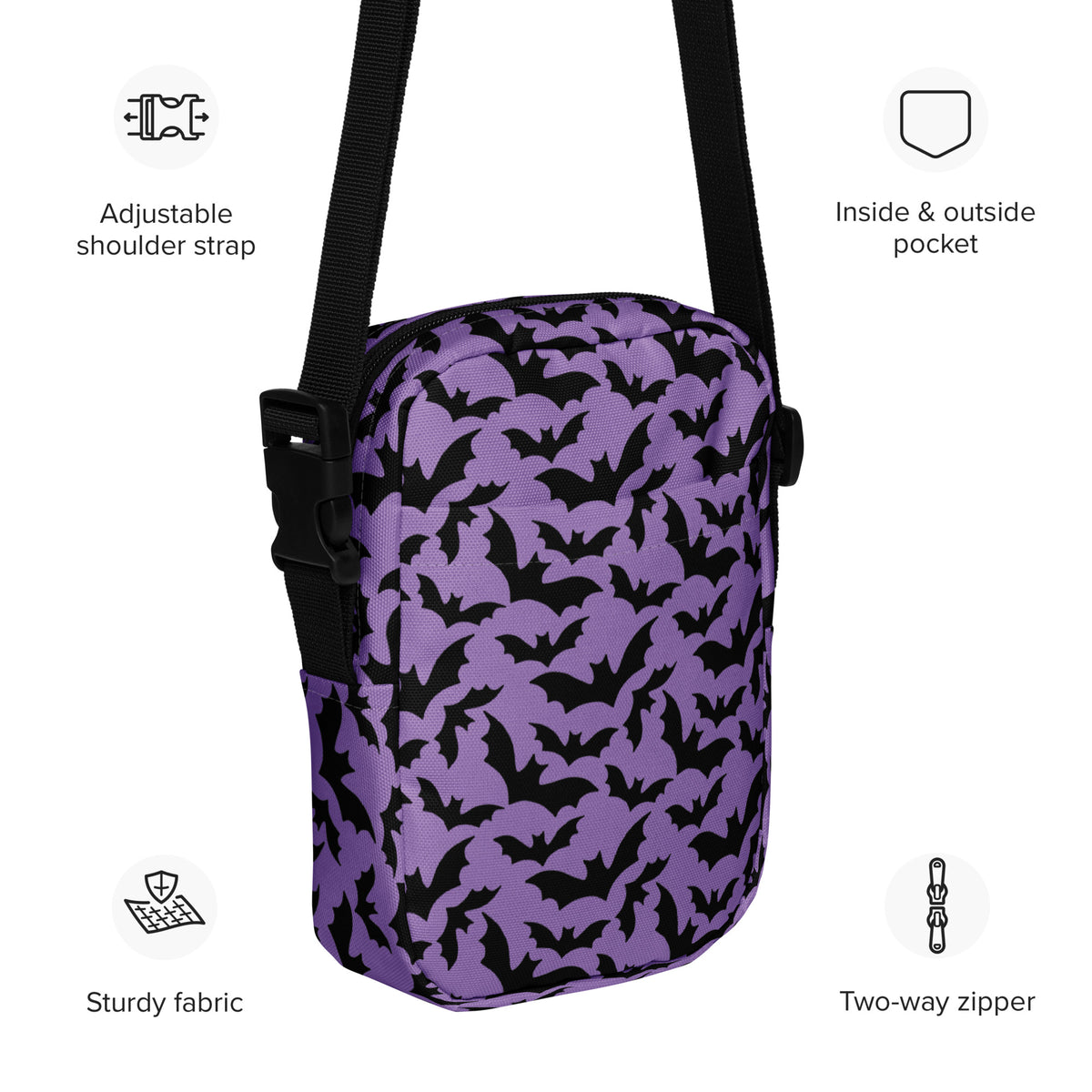 Dark Purple Bats Halloween Crossbody Bag – Water Resistant Mini Purse With Adjustable Strap & Pockets