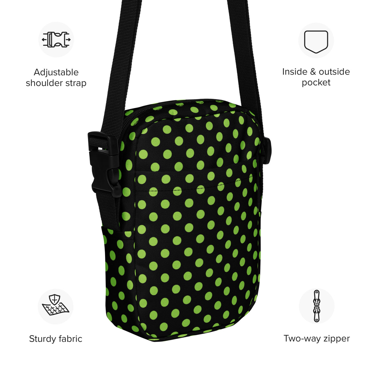 Green Polka Dot Halloween Crossbody Bag – Water Resistant Mini Purse With Adjustable Strap & Pockets