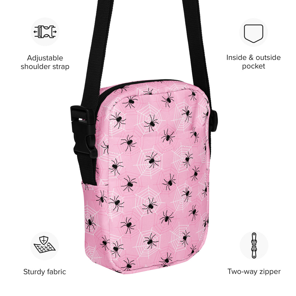 Pink Spiderweb Halloween Crossbody Bag – Water Resistant Mini Purse With Adjustable Strap & Pockets
