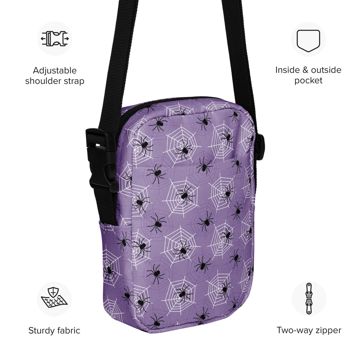 Dark Purple Spider Web Halloween Crossbody Bag – Water Resistant Mini Purse With Adjustable Strap & Pockets