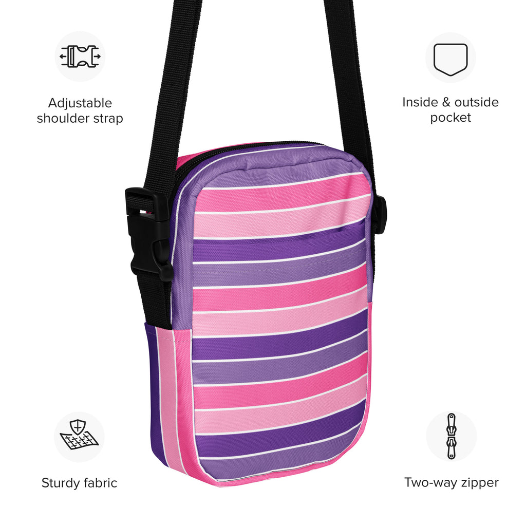 Pink Purple Striped Crossbody Bag – Water Resistant Mini Purse With Adjustable Strap & Pockets