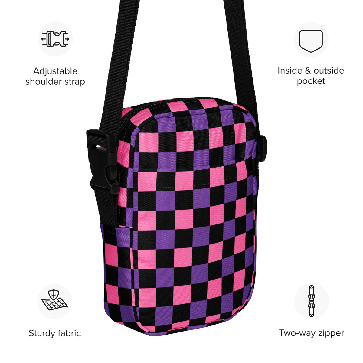 Pink & Purple Checkered Halloween Crossbody Bag – Water Resistant Mini Purse With Adjustable Strap & Pockets