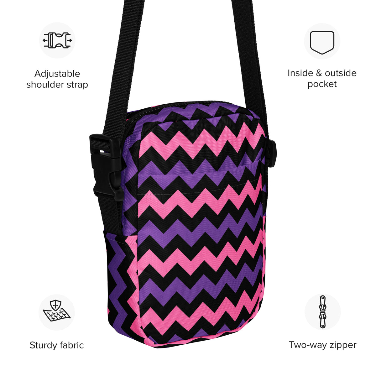 Pink & Purple Chevron Halloween Crossbody Bag – Water Resistant Mini Purse With Adjustable Strap & Pockets