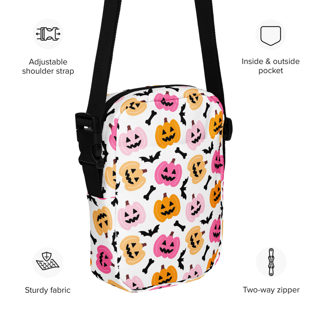 Pink & Orange Pumpkin Halloween Crossbody Bag – Water Resistant Mini Purse With Adjustable Strap & Pockets