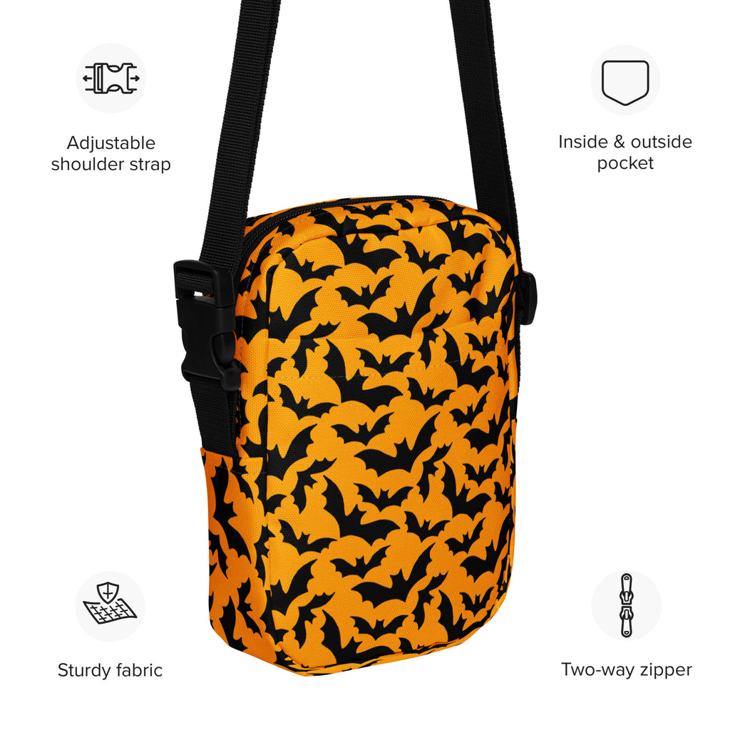Orange Bats Halloween Crossbody Bag – Water Resistant Mini Purse With Adjustable Strap & Pockets