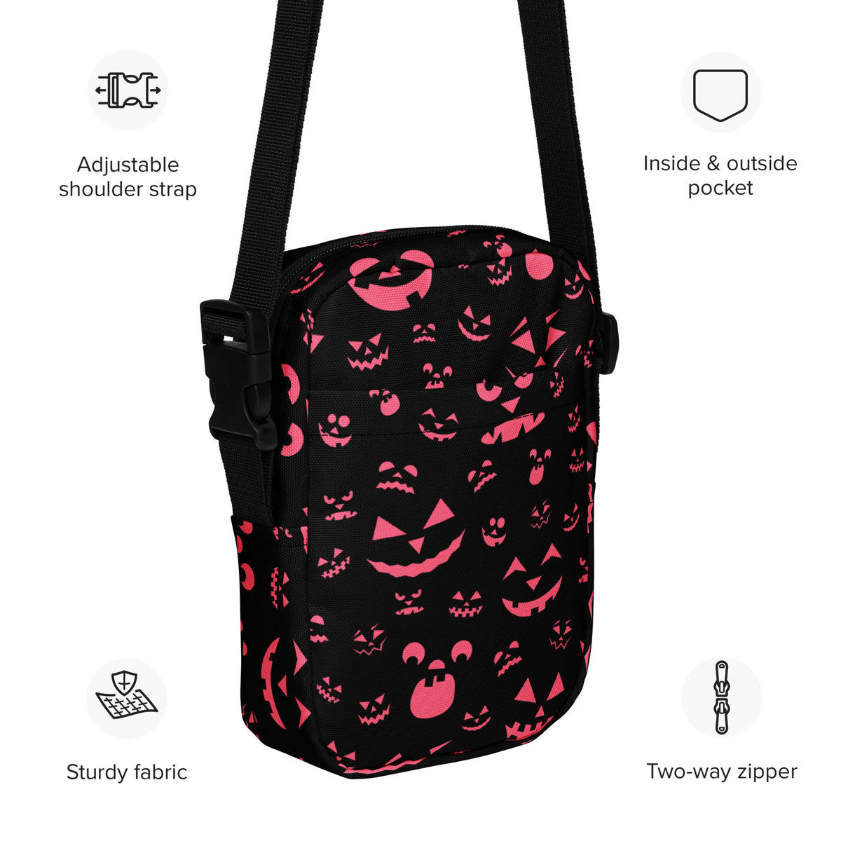 Pink Black Jack O Lantern Faces Halloween Crossbody Bag – Water Resistant Mini Purse With Adjustable Strap & Pockets