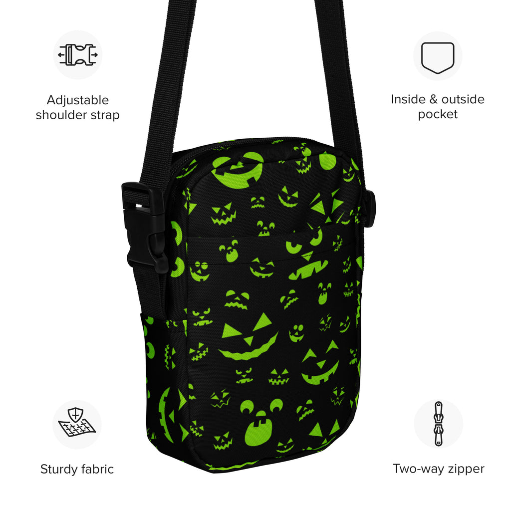 Green Jack O Lantern Faces Halloween Crossbody Bag – Water Resistant Mini Purse With Adjustable Strap & Pockets