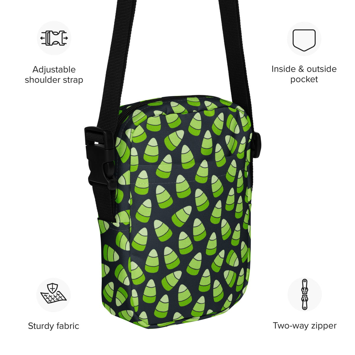 Green Candy Corn Halloween Crossbody Bag – Water Resistant Mini Purse With Adjustable Strap & Pockets