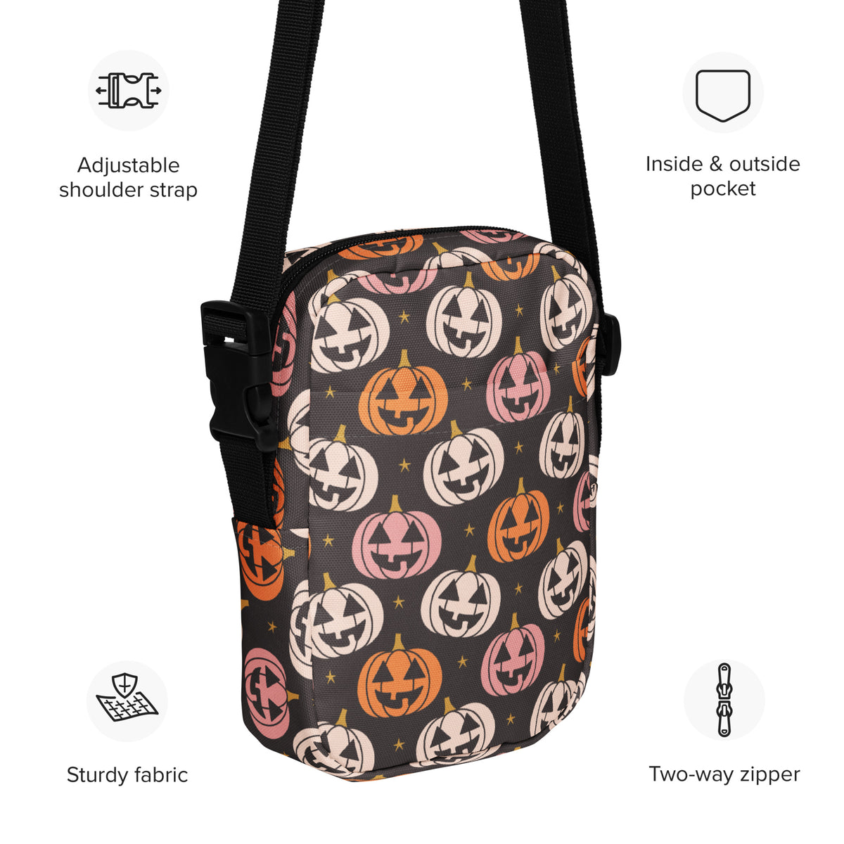Girls Pink & Orange Jack O Lantern Crossbody Bag – Water Resistant Mini Purse With Adjustable Strap & Pockets